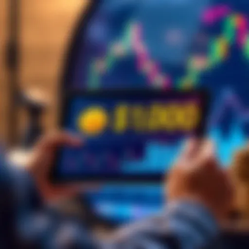 A beginner holding a tablet showing cryptocurrency charts with coins in the background, symbolizing a $1,000 portfolio allocation.