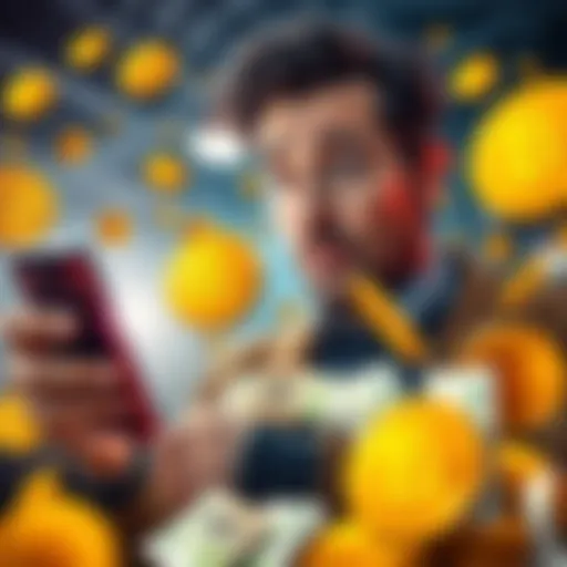 A Belgian man looking surprised while holding a smartphone, with Bitcoin symbols and currency notes around him, representing his newfound wealth from a forgotten wallet.