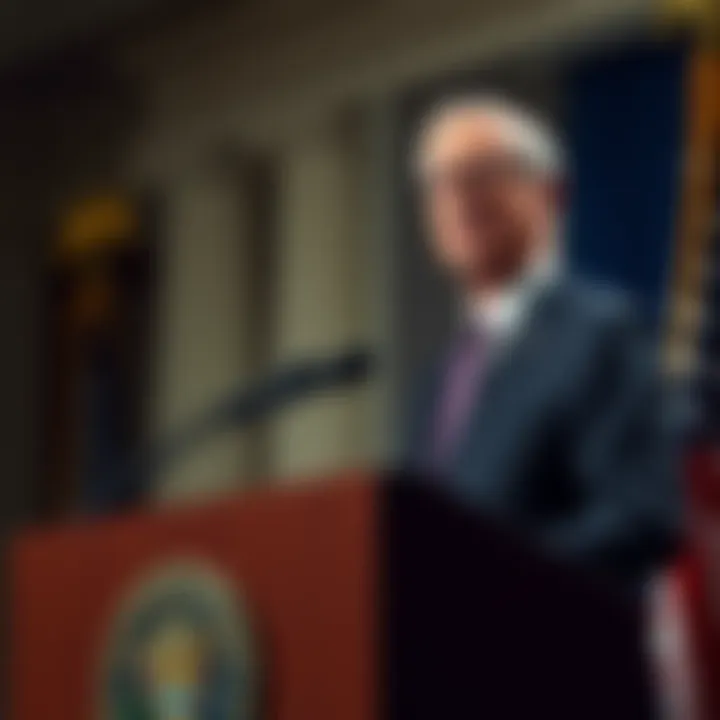 Treasury Secretary Bessent at a podium announcing the US government's stance on Bitcoin purchases