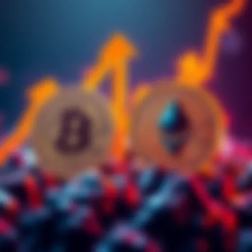 A graphic showing Bitcoin and Ethereum symbols with upward arrows, representing rising interest in big coin leverage plays in the crypto market.