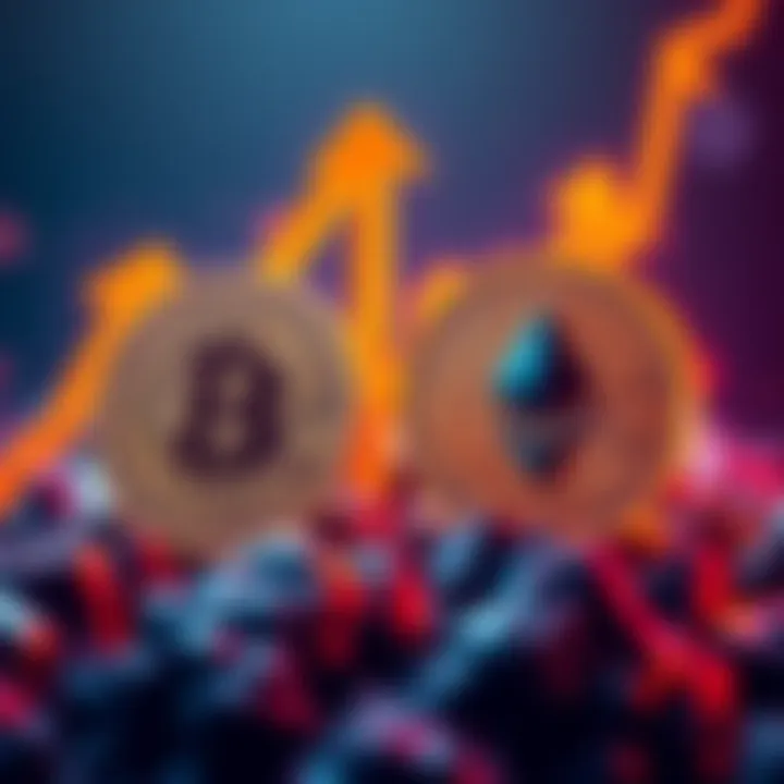 A graphic showing Bitcoin and Ethereum symbols with upward arrows, representing rising interest in big coin leverage plays in the crypto market.