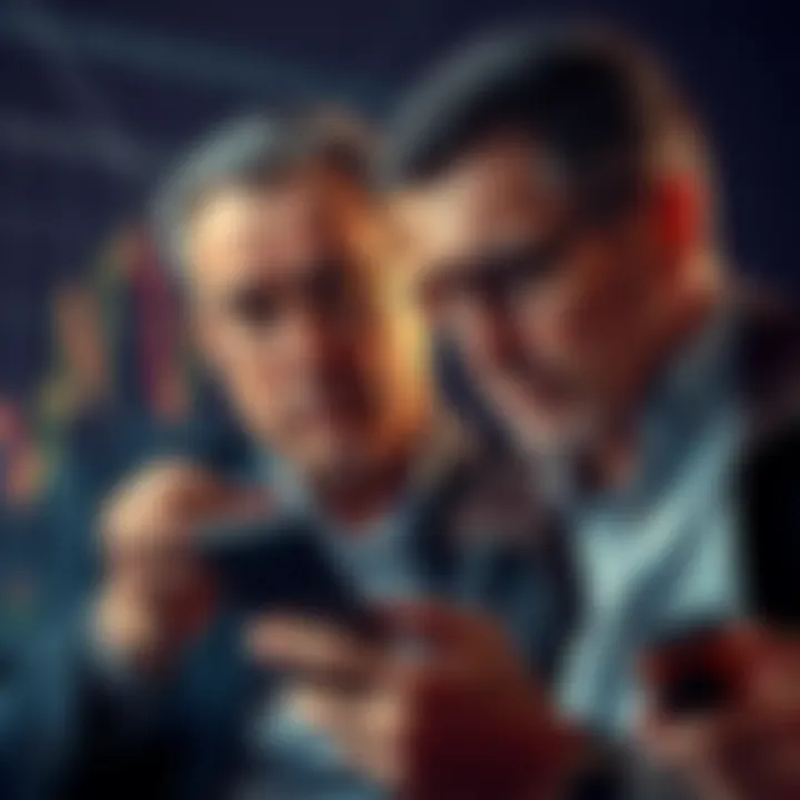 A billionaire looking at a fluctuating cryptocurrency chart, contrasting their calm demeanor with a worried everyday investor holding a phone showing market losses.