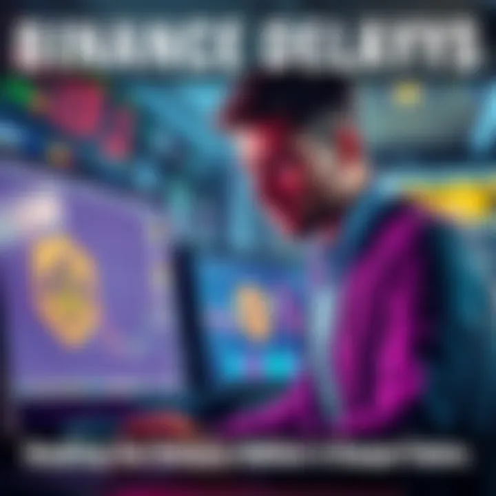A frustrated trader looking at a computer screen with a Binance logo and Kaspa token symbol, questioning the delay.