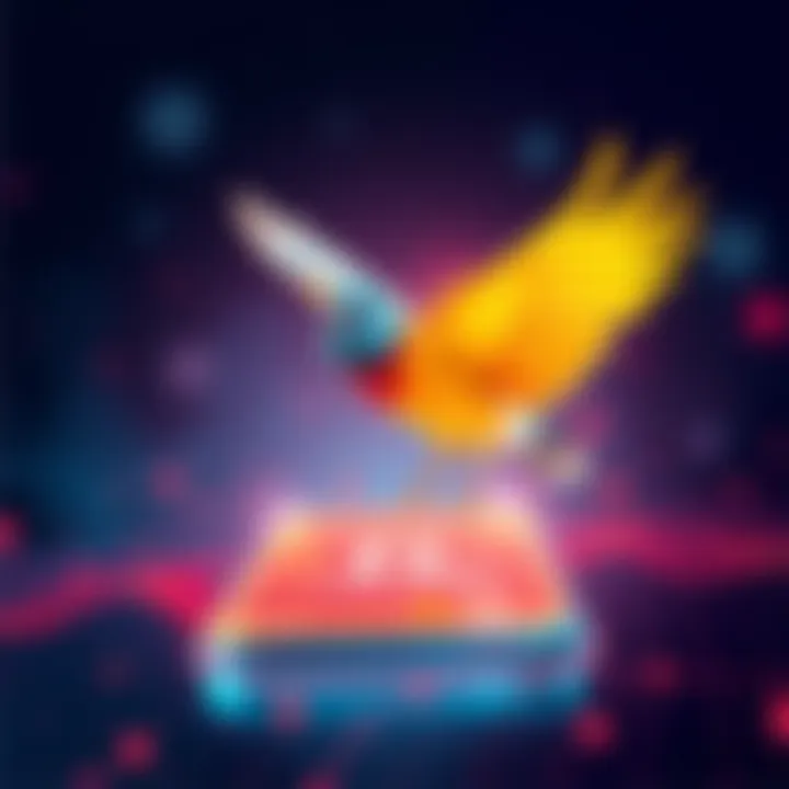 A colorful bird taking flight on a digital platform representing Cronos, symbolizing innovation in flight technology