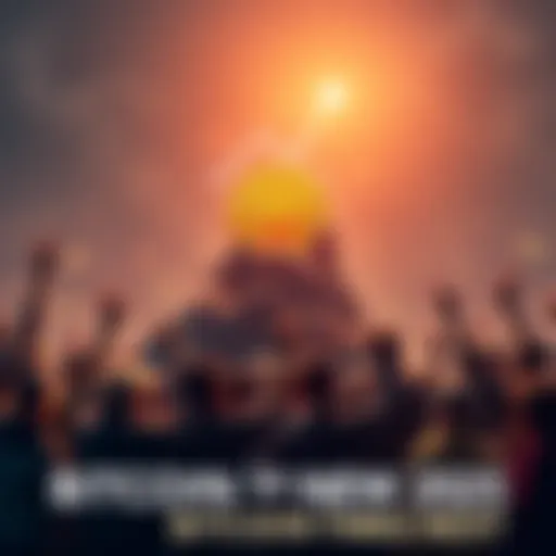 A graphic showing Bitcoin symbol rising sharply, representing its all-time high in 2025, surrounded by excited people discussing trends in cryptocurrency.
