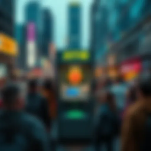 A Bitcoin ATM located in a crowded urban setting, surrounded by people.