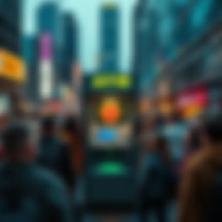 A Bitcoin ATM located in a crowded urban setting, surrounded by people.