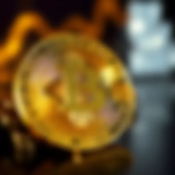 A shiny gold Bitcoin coin on a dark background, symbolizing its rising value and rarity as a digital asset.