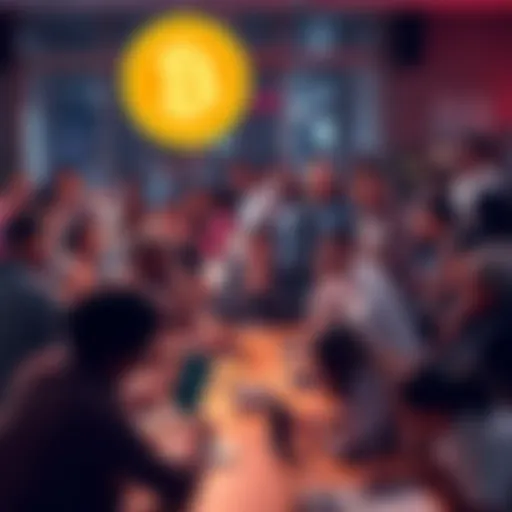 A diverse group of people conversing about Bitcoin, sharing ideas and insights around a table with laptops and phones.