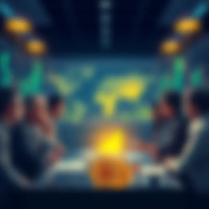 A group of people discussing Bitcoin with charts and graphs in the background