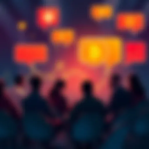 People engaging in a discussion about Bitcoin with speech bubbles and charts in the background.