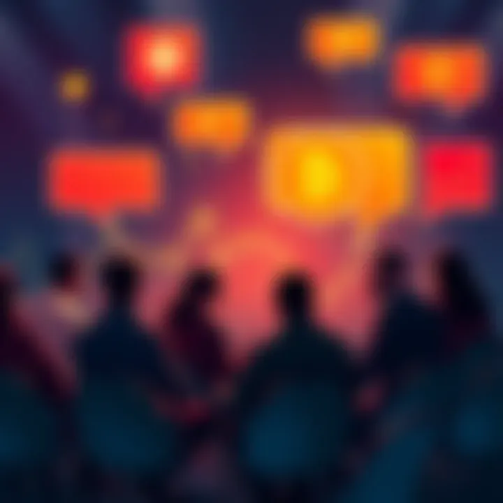 People engaging in a discussion about Bitcoin with speech bubbles and charts in the background.