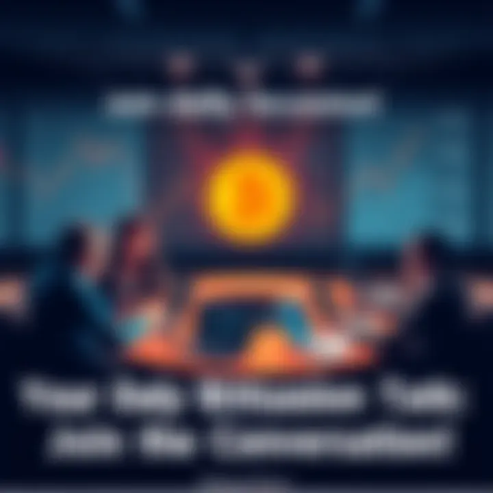 A group of people discussing Bitcoin at a round table with laptops and charts around them