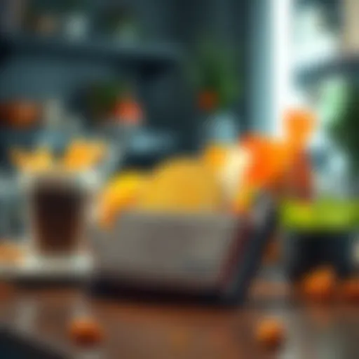 A digital wallet displaying Bitcoin with everyday items like coffee and groceries in the background