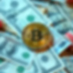 A Bitcoin coin placed on top of various fiat currency notes, highlighting the contrast between cryptocurrency and traditional money.