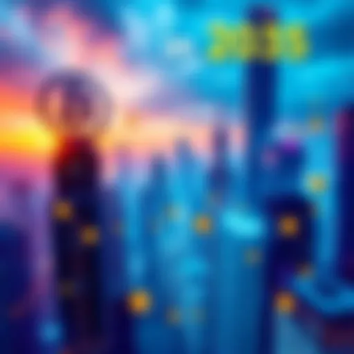 A futuristic city skyline with digital currency symbols including Bitcoin, representing its role in the global economy by 2035.