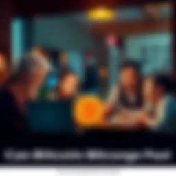 A family discussing Bitcoin ownership at a table, with a laptop and digital wallet visible.