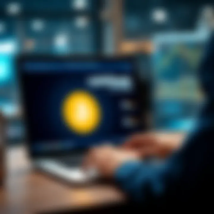 Person using a laptop to buy Bitcoin on Coinbase, with a secure lock symbol and Bitcoin logo displayed on screen.