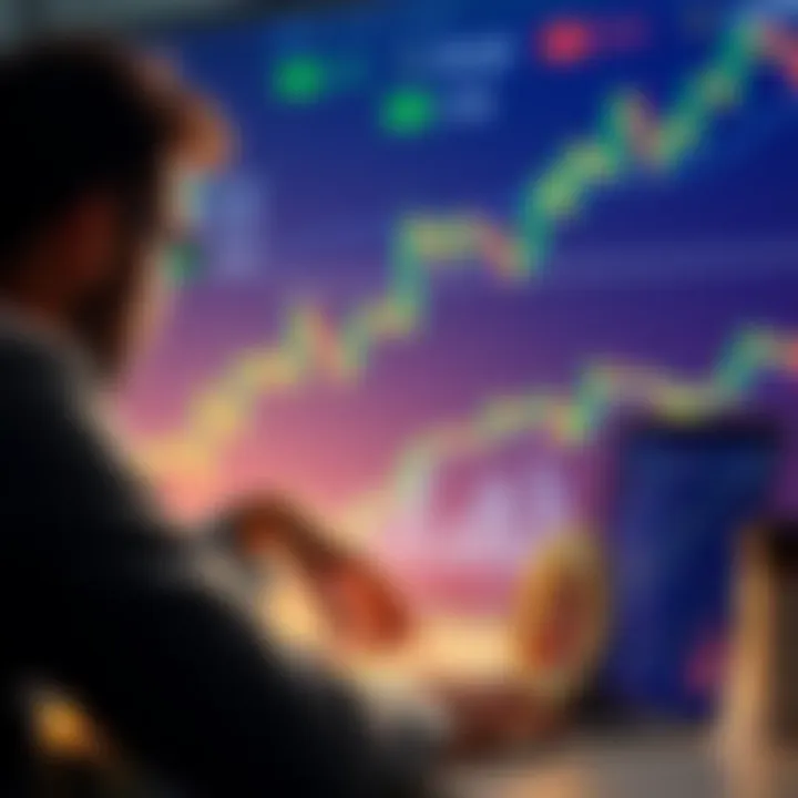 A person contemplating investing in Bitcoin with a laptop and charts in the background.