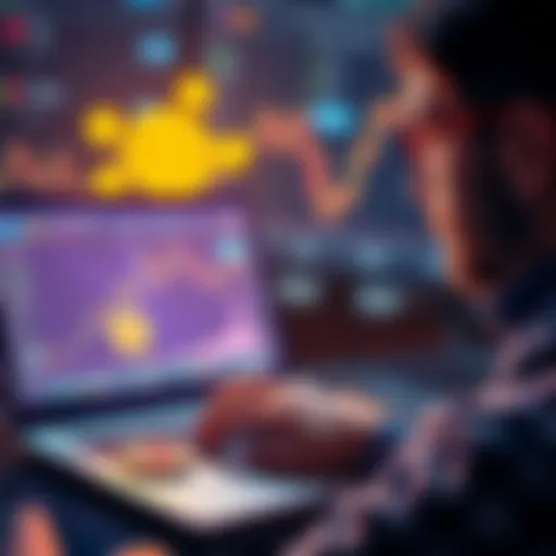 A person analyzing charts and Bitcoin symbols on a laptop, considering their portfolio allocation.