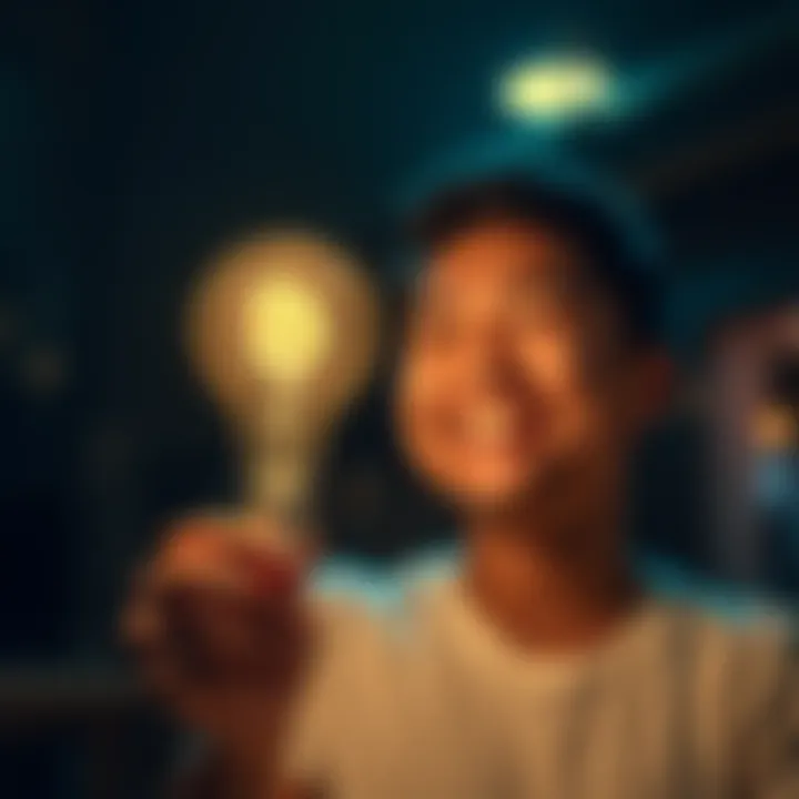 A person smiling while holding a lightbulb, representing a realization about Bitcoin