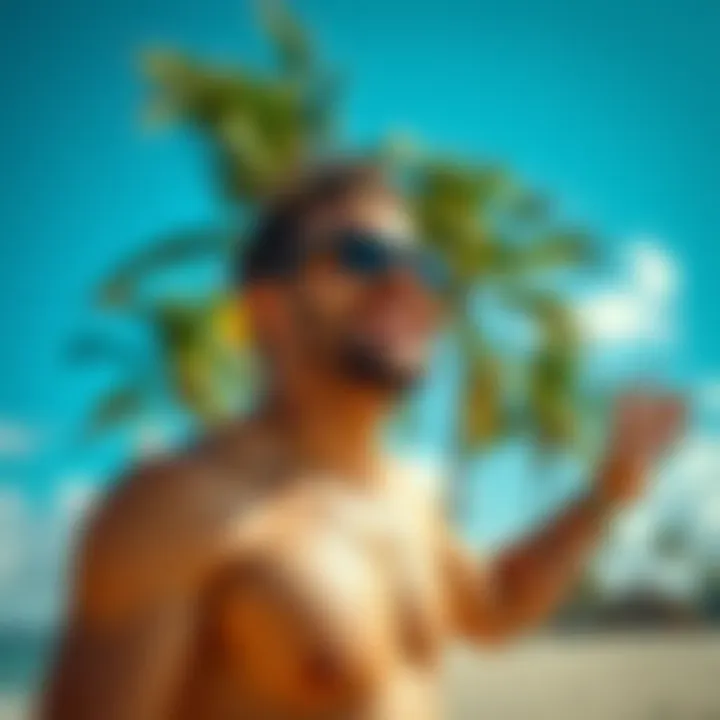 A happy individual enjoying the beach in Costa Rica after making a fortune in bitcoin, with palm trees and blue skies in the background.
