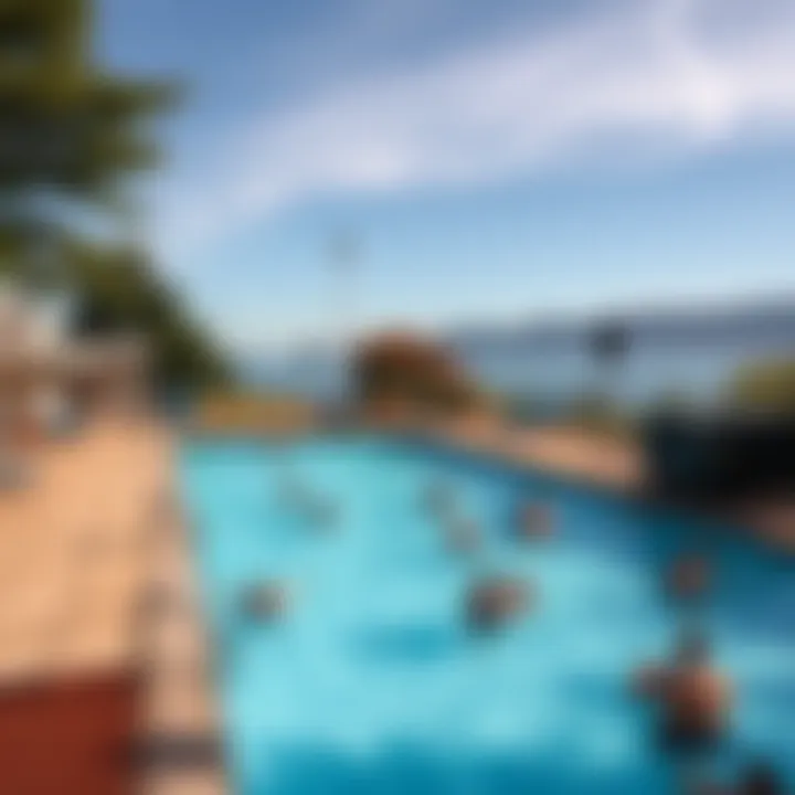 Bitcoin mining equipment beside Kitsilano Pool, illustrating the plan to heat the pool using miners, with people enjoying the water on a sunny day.