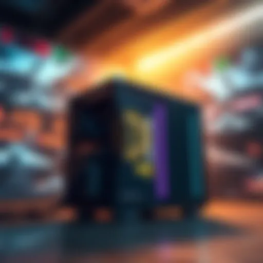 A Bitcoin mining rig in a dimly lit room with news headlines about global conflicts in the background.