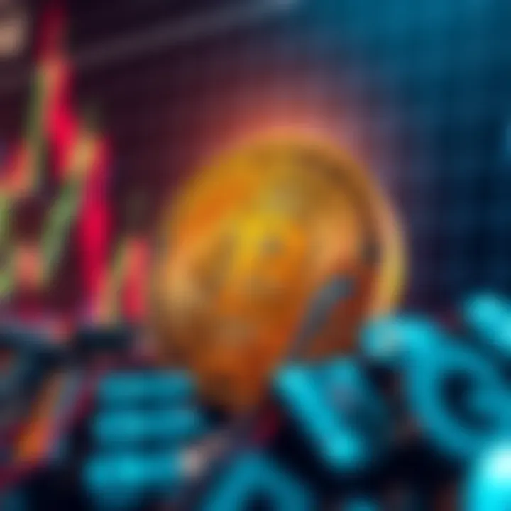 Bitcoin graphic showing recent price spikes with a chart background