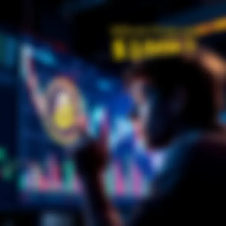 A young person looking at a digital chart showing Bitcoin's ups and downs, contemplating investment decisions.