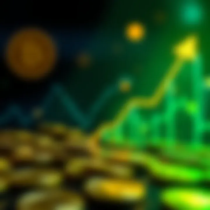 A Bitcoin graphic showing an upward trend with gold coins in the background, symbolizing investment growth.