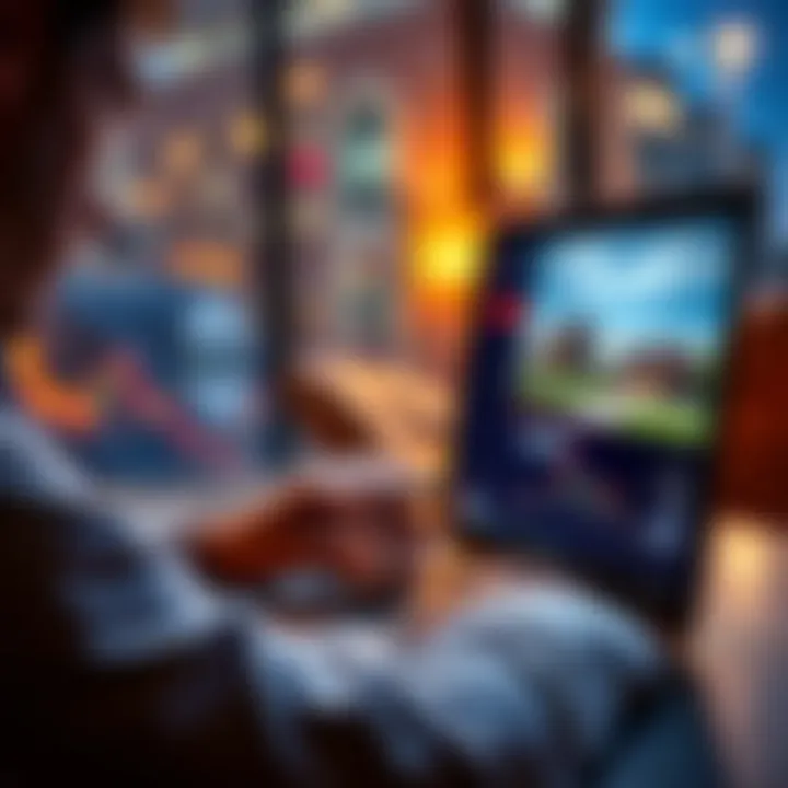 A person analyzing Bitcoin data on a laptop while looking at real estate listings on a screen.