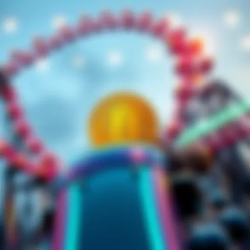 A colorful graphic featuring the Bitcoin Roller Coaster Guy with a roller coaster in the background, symbolizing Bitcoin's price fluctuations.