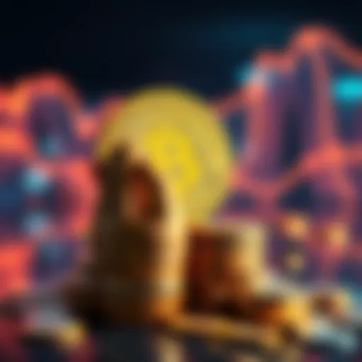 A visual representation of Bitcoin as a digital currency with coins stacked and a person looking concerned, symbolizing the disparity in wealth distribution.