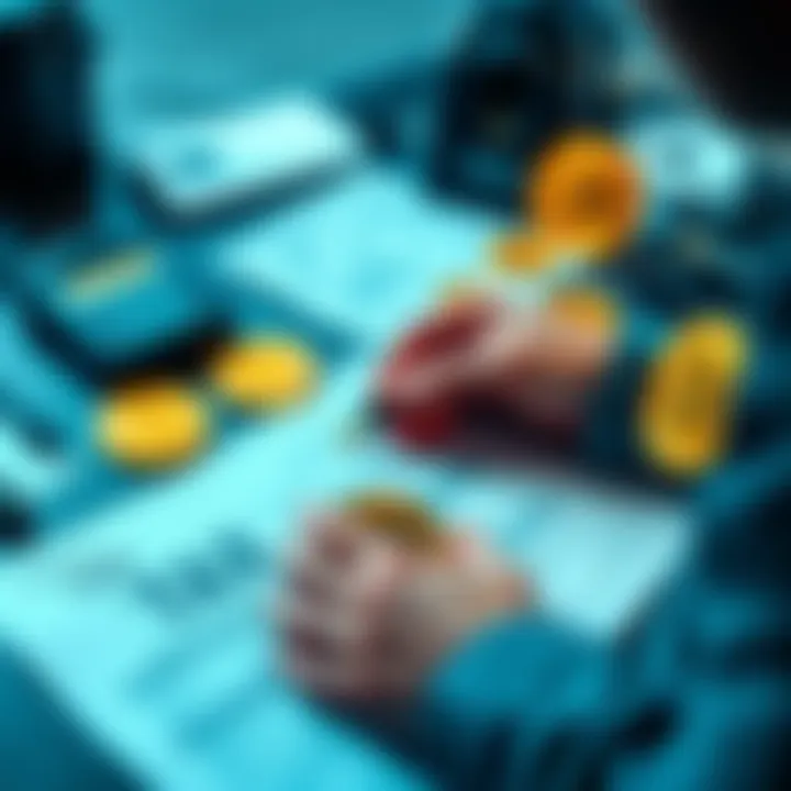 A person reviewing tax forms with Bitcoin symbols, indicating tax challenges related to cryptocurrency gains