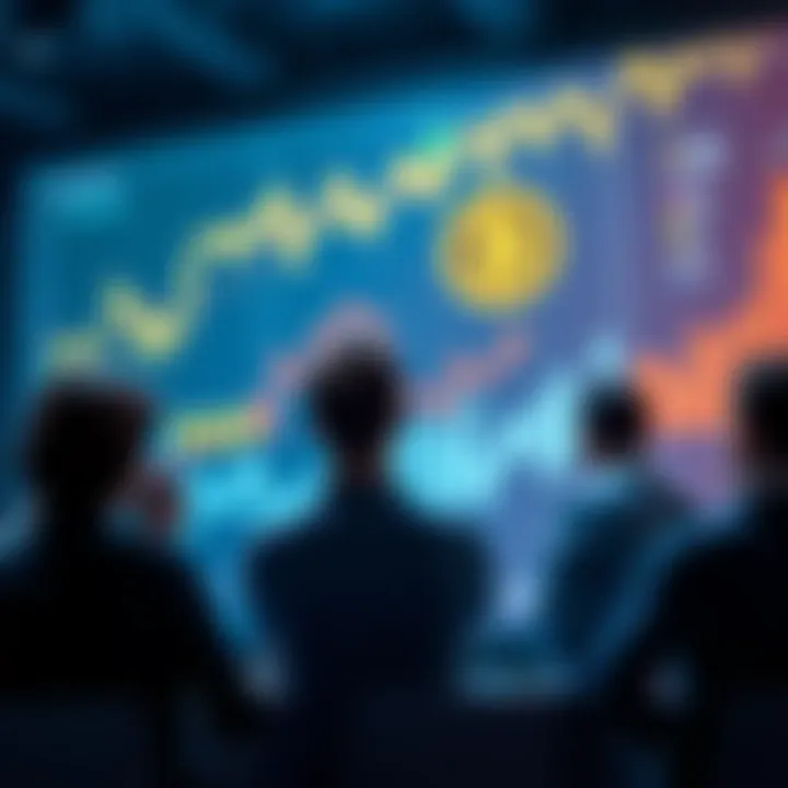 Group of people discussing Bitcoin with charts and graphs in the background, showing transformation from skepticism to belief.