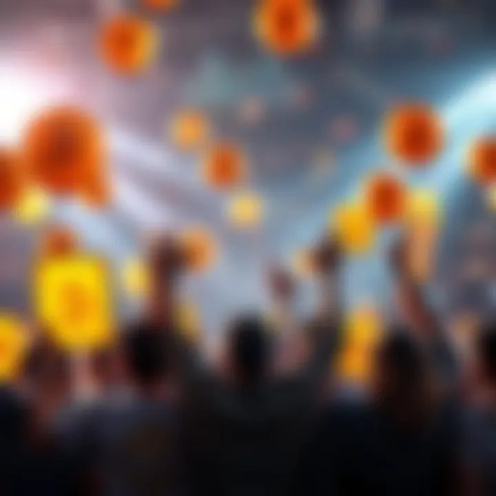 A group of excited people celebrating Bitcoin reaching a new all-time high, holding signs and balloons with Bitcoin symbols.