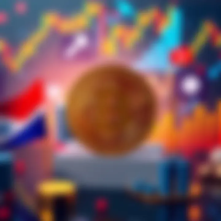 Graphic showing Bitcoin symbol surrounded by political symbols and charts fluctuating in the background