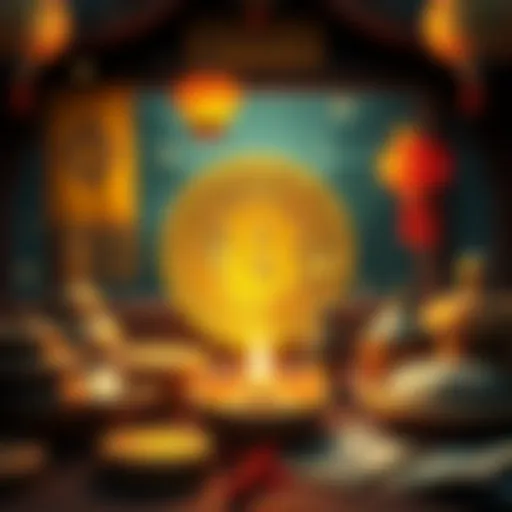 A visual of Bitcoin symbol surrounded by traditional cultural elements, showing the blend of modern finance and heritage.