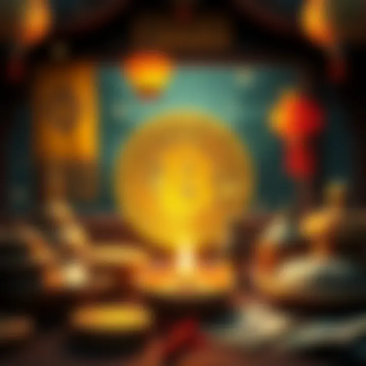 A visual of Bitcoin symbol surrounded by traditional cultural elements, showing the blend of modern finance and heritage.