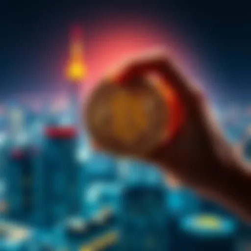A person holding a physical Bitcoin with a futuristic city skyline in the background, symbolizing financial growth and change by 2030.