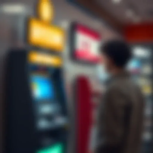 A Bitcoin ATM located inside a convenience store, with a person looking at the screen contemplating cash withdrawal options.