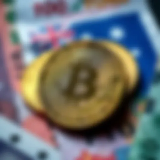 A visual representation of Bitcoin symbols with Australian currency and Superannuation funds in the background