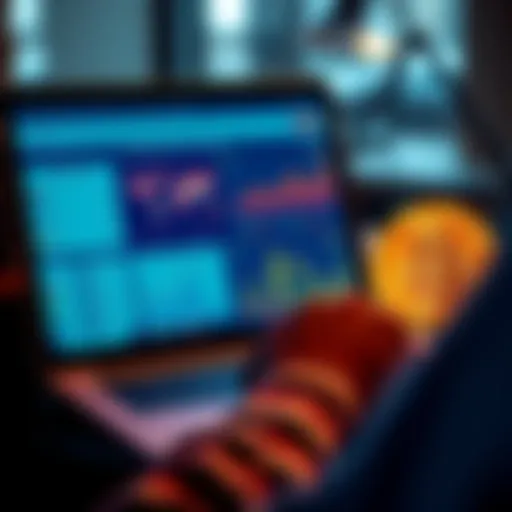 A person using a laptop to compare different bitcoin-backed loan providers, with charts and graphs showing loan options, interest rates, and customer reviews on the screen.