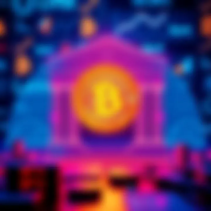 A digital representation of a bank account displaying Bitcoin balance, with a background of traditional banking symbols.