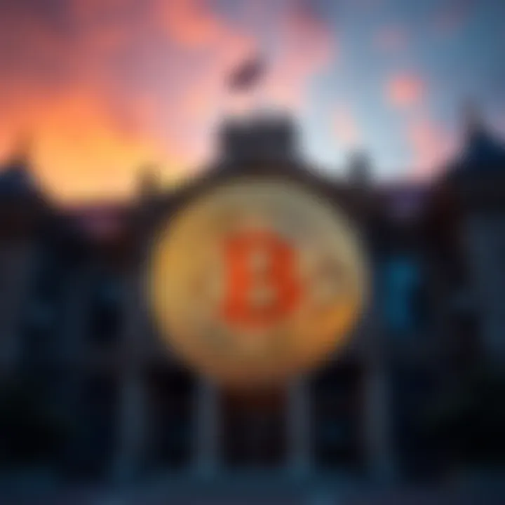 A Bitcoin coin in front of a traditional bank building, symbolizing the clash between cryptocurrency and conventional finance