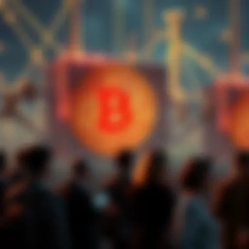 Visual representation of blockchain blocks with a focus on larger sizes and financial institutions observing quietly.