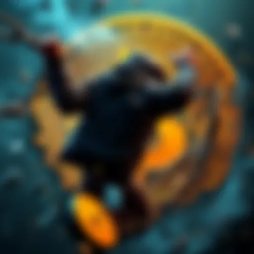 A person breaking chains symbolizing escape from the grind of the money system, with a Bitcoin symbol in the background.