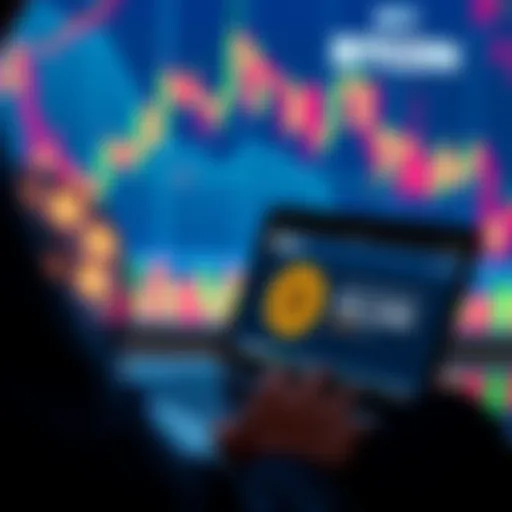 A person reviewing a past Bitcoin buy order on a laptop, with a fluctuating cryptocurrency chart in the background, reflecting missed opportunities in investment.