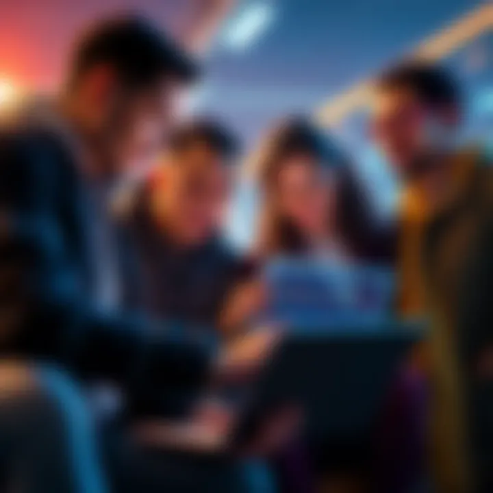 A group of diverse individuals discussing Bitcoin investments while looking at charts on a laptop, highlighting the shift in buyers during economic struggles.